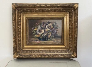 Antique Oil Painting on Panel Still Life with Pansies in a Vase Signed Late 19th - Picture 1 of 11