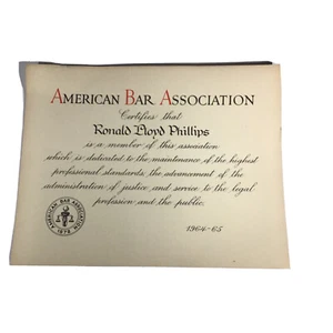 VINTAGE 1964 AMERICAN BAR ASSOCIATION MEMBERSHIP CERTIFICATE COLLECTIBLE - Picture 1 of 2