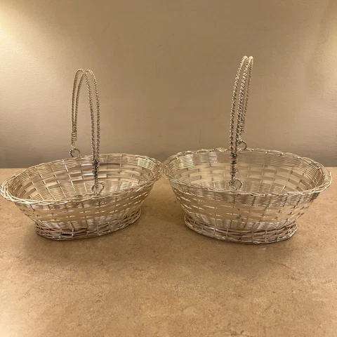 2 VTG FTD.  Silver Plated Woven Wire Oval  Baskets  With Handle Cover