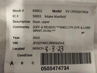 Used Upper Engine Intake Manifold fits: 2014 Subaru Xv crosstrek 2.0L upper Uppe Foto 1 de 4