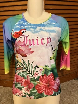 Girl’s Juicy Couture 3/4   Sleeve T-shirt Size 10 Unicorn Jungle Flowers Birds - Image 1 of 4