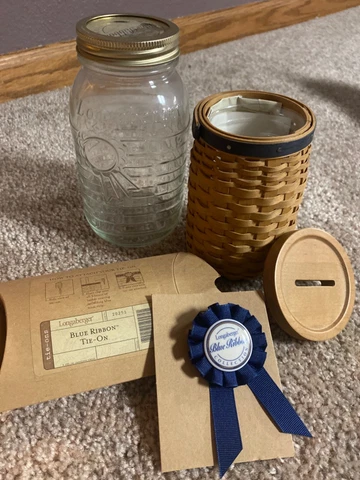 New Longaberger 2003 Blue Ribbon Pride Basket & Wood Craft Lid BANK Cover