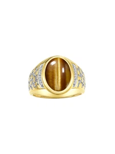 RYLOS Men's Yellow Gold Plated Nugget Ring Cabochon Gemstone & Diamonds, SZ 8-13 - Picture 1 of 23