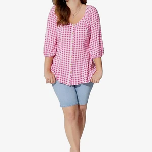 Top Gingham Torrid 3 Fit Svasato Rosa Bianco 3X Elasticizzato Rayon Bottone Manica 3/4 - Foto 1 di 8