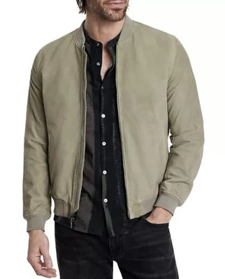 $798 NWT John Varvatos Suede Jacket 52 Men's L Khai Bomber Green Khaki Light - Image 1 of 4