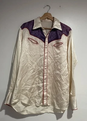  Vintage Western Long Sleeve Ivory Pearl Snap Button Up 70s Size M  - Image 1 of 4