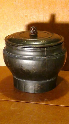 ANTIQUE CHINESE QING RARE WOOD BLACK LACQUERED GINGER JAR W/ LID& FOO-DOG FINIAL - Image 1 of 4