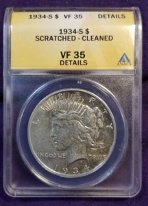 1934-S  Peace Silver Dollar ANACS VF 35 Details (Scratched/Cleaned) - Picture 1 of 5