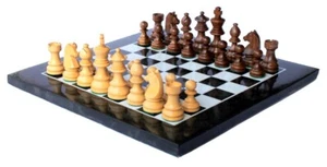 12" x 12" Black Marble Chess Board with Wooden Chess Pieces Set - Picture 1 of 6