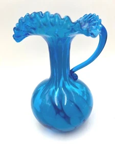 Art Glass Blue Melon Pitcher Ruffle Top with Crimped Edges 8 3/4" Tall - Picture 1 of 7