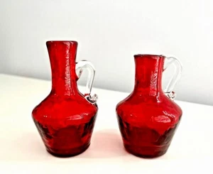 2 Vintage Hand Blown Ruby Red Crackle Glass Miniature Pitchers 5” - Picture 1 of 6