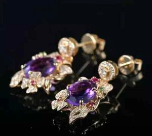 4Ct Oval Cut Amethyst Drop/Dangle Women's Design Earrings 14K Yellow Gold Finish - Picture 1 of 1
