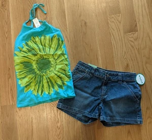 NWT Gap Kids Green Yellow Daisy Halter Tank Top Sz XL 12 L 10 Denim Jean Shorts - Picture 1 of 1