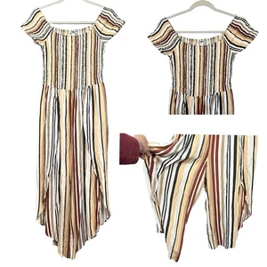 J for Justify Smocked Jumpsuit Womens L Multicolor Striped Wide Genie Leg Boho - Picture 1 of 12