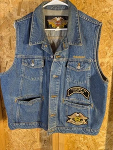HARLEY DAVIDSON Autentico DENIM BIKER Gilet Ricamato Patch Aquila TAGLIA LARGE - Foto 1 di 6