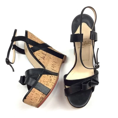 Christian Louboutin Miss Cristo Black Strappy Cork Platform Sandal Heels Size 37 - Image 1 of 4