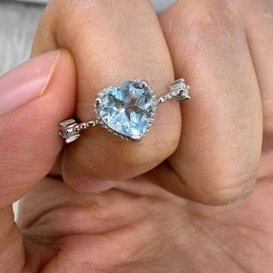 925 Sterling Silver Ring Heart Blue Topaz 6x6mm Natural Gemstone Zircon Jewelry - Picture 1 of 11