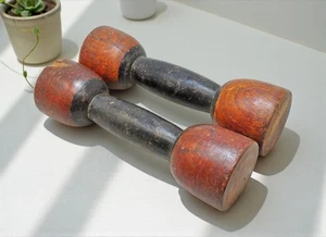 Vintage Wooden Childrens Dumb Bells Original Old Hand Carved - Picture 1 of 6
