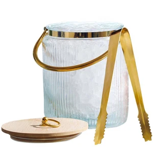 Cubo de hielo de vidrio acanalado transparente de 3 cuartos de galón con detalles dorados de 7 pulgadas tapa hermética con pinzas NUEVO - Imagen 1 de 4