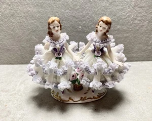 Dresden Antique Porcelain Figurine Germany Victorian Lace Twin Girls In Lilac - Picture 1 of 8