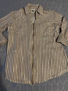 Anne Klein Blouse Tan Gold Metallic Striped Zip Front Roll Tab Shirt Small - Picture 1 of 8