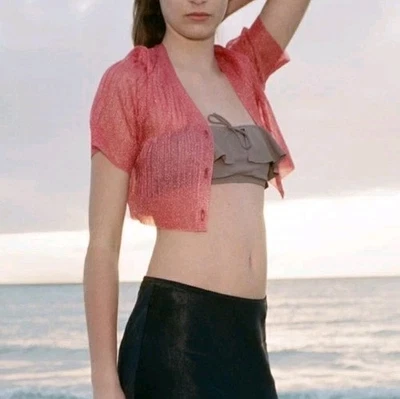 Cardigã Maryam Nassir Zadeh X J.Crew transparente cropped em calor escarlate XS - Imagem 1 de 4