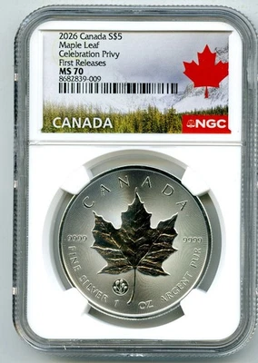 2026 $5 CANADA 1OZ SILVER NGC MS70 CELEBRATION PRIVY PREMIUM MAPLE LEAF - FR - Image 1 of 2