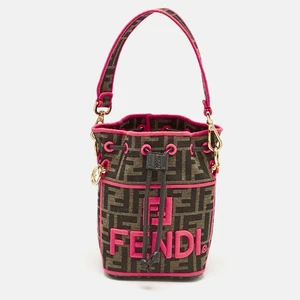 Fendi Neon Pink/Tobacco FF Canvas Mini Mon Tresor Drawstring Bucket Bag - Picture 1 of 10