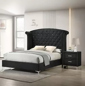 Modern Glamourous Style 3pc Queen Size Bed Set Wingback Headboard Black Velvet - Picture 1 of 9