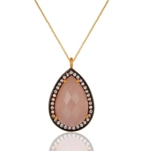 Rose Chalcedony CZ Birthstone Jewelry Gold Plated 925 Sterling Silver Pendant - Picture 1 of 3