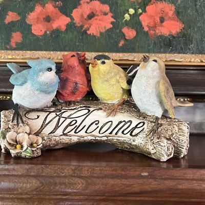 Letrero de bienvenida de pájaro estatua rojo amarillo azul resina jardín escultura porche adorno Foto 1 de 4