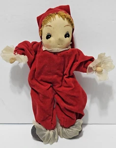 Vintage Pixie Elf Japan Stockinette Pose Doll Bendable Red Velvet Suit Big Eyes - Picture 1 of 14