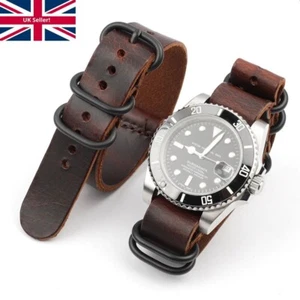 Brown Genuine Leather NATO ZULU Watch Strap Band 5 Rings Steel Buckle 18 20 22mm - Picture 1 of 10