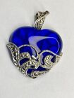 Sterling Silver Heart Pendant With Lace Design In Beautiful Blue Glass 925