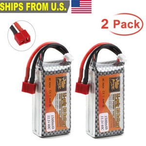 2x 3S 11.1V 1500Mah 40C Lipo Battery T Connector For RC Airplane Helicopter Car - Picture 1 of 8