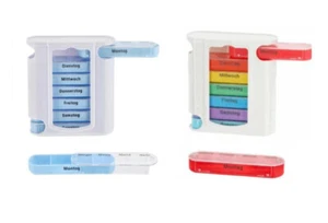 2x Tablettenbox Pillenbox Medikamentenbox  7 Tage 4 Fächer bunt u. weiß/blau - Bild 1 von 1