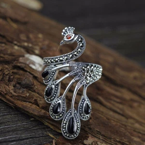 Anillo I03 Pavo Real Plata de Ley 925 Ágata Negra y Markasita Tamaño Ajustable - Imagen 1 de 4