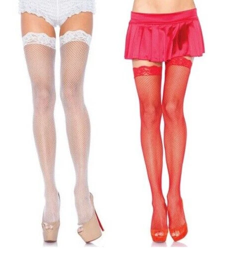 Fishnet Stockings with Lace Tops - One Size fits 90 - 160lbs Red or White 9027 — 第 1/2 张图片