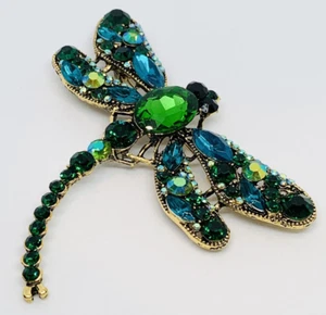 Dragonfly Brooch Pin Kelly Green Crystal Rhinestone Jewelry Birthday Mom Glam - Picture 1 of 8