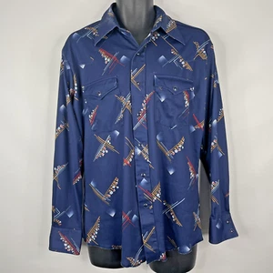 Vintage 70s Wrangler Dark Blue Geo Floral Snap Front Western Disco Shirt Size L - Picture 1 of 10