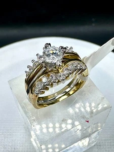 Sterling Silver Gold 18kt Ring Set Guard Engagement Wedding Band CZ Hallmarked - Picture 1 of 7