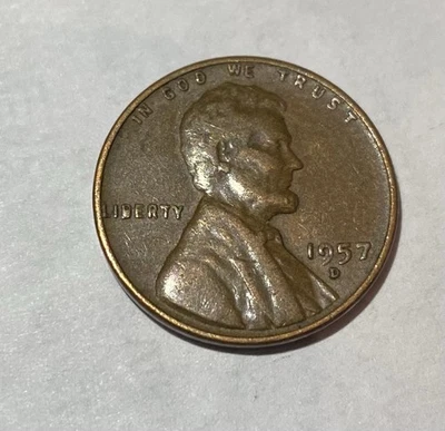 1957 D Rainbow Toned Lincoln Wheat Cent Penny Error Filled B Lustre - Image 1 of 2