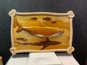 Hand crafted solid wood intarsia wall hanging featuring a shark - Picture 1 of 6