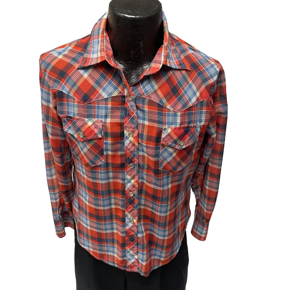 Camisa de Rodeo De Colección Años 70 80 Para Mujer Roja Azul A Cuadros hippie Vaquero PERLA BROCHE DE PRESIÓN Foto 1 de 4