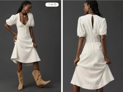 Anthropologie Maeve Corsé Manga Abullonada Lino Midi - Blanco - MEDIANO - NUEVO CON ETIQUETAS - £148 Foto 1 de 4