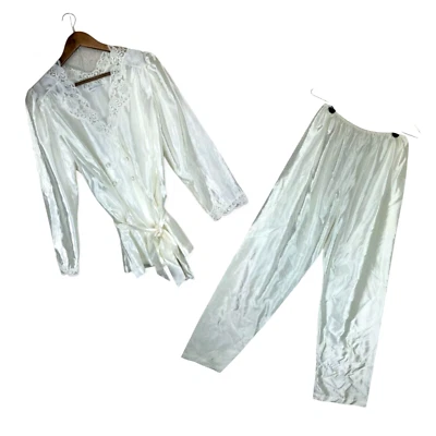 VTG Miss Elaine 2 Piece Sleepwear Set Womens L/M White Satin Romantic Lace Trim - Image 1 of 4