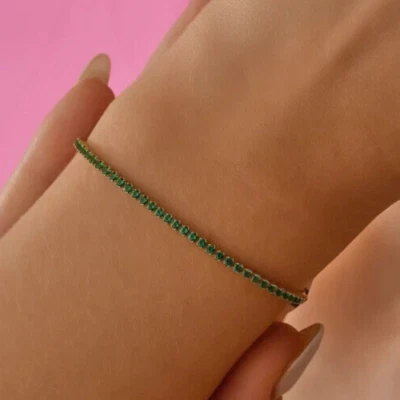 Hermoso brazalete de tenis redondo esmeralda natural de oro amarillo de 14k certificado por 3,20 quilates Foto 1 de 4