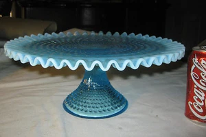 VINTAGE FENTON BLUE OPALESCENT LG. HOBNAIL ART GLASS CAKE PLATE PEDESTAL STAND - Picture 1 of 6