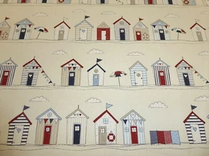 FRYETTS BEACH HUTS Blue Seaside Curtain Craft Upholstery Cotton Fabric - Picture 1 of 7