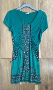 Free People T Shirt Tunic Top Dress Large Green Floral Ruched Beaded Stretch - Picture 1 of 9